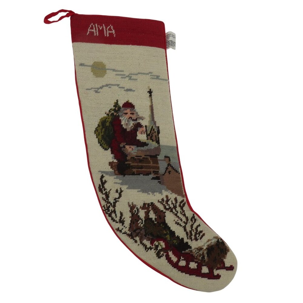 VTG Handmade Santa Claus Reindeer Rooftop Needlepoint Christmas Stocking AMA